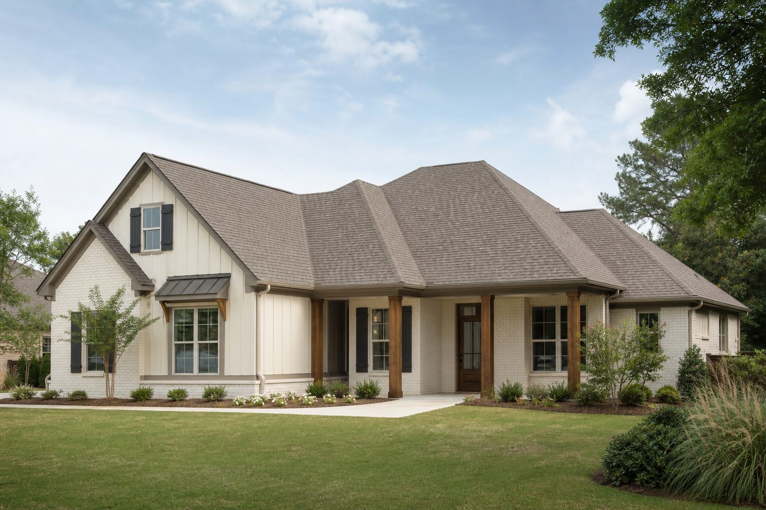 A finished roof on a suburban single-family home, shown wide and eye-level